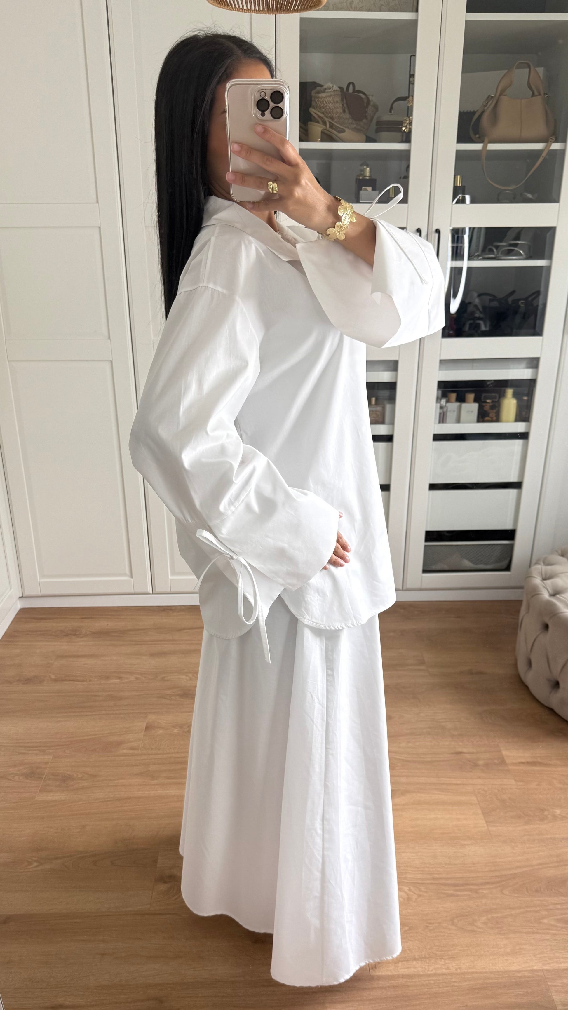 Ensemble Modeste Blanc – Chemise Noeud & Jupe Oversize SAÏRYS