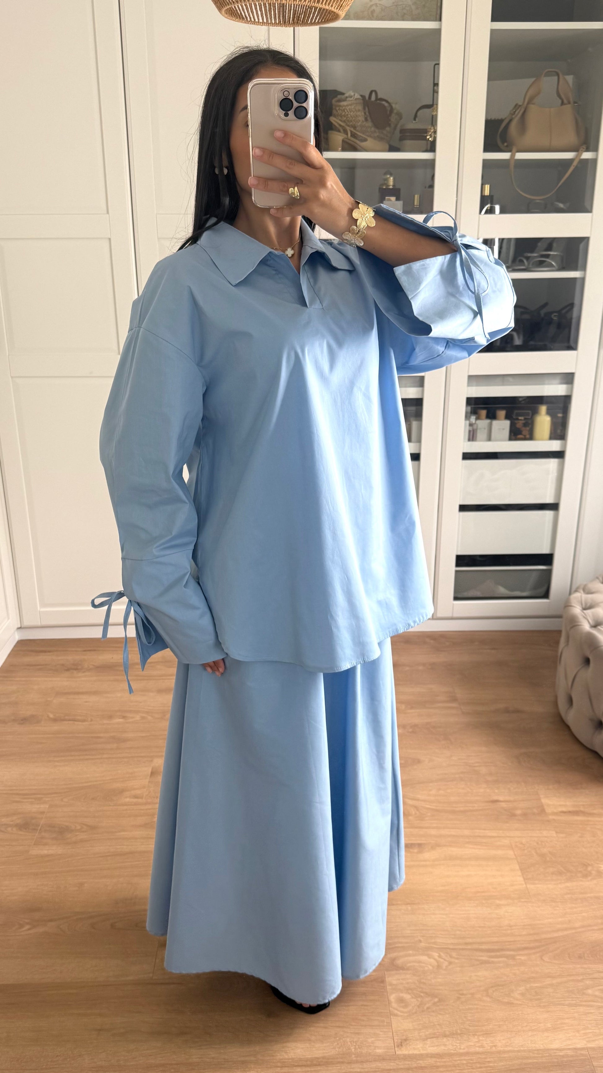 Ensemble Modeste Bleu – Chemise Noeud & Jupe Oversize SAÏRYS