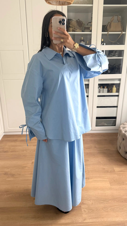 Ensemble Modeste Bleu – Chemise Noeud & Jupe Oversize - SAÏRYS