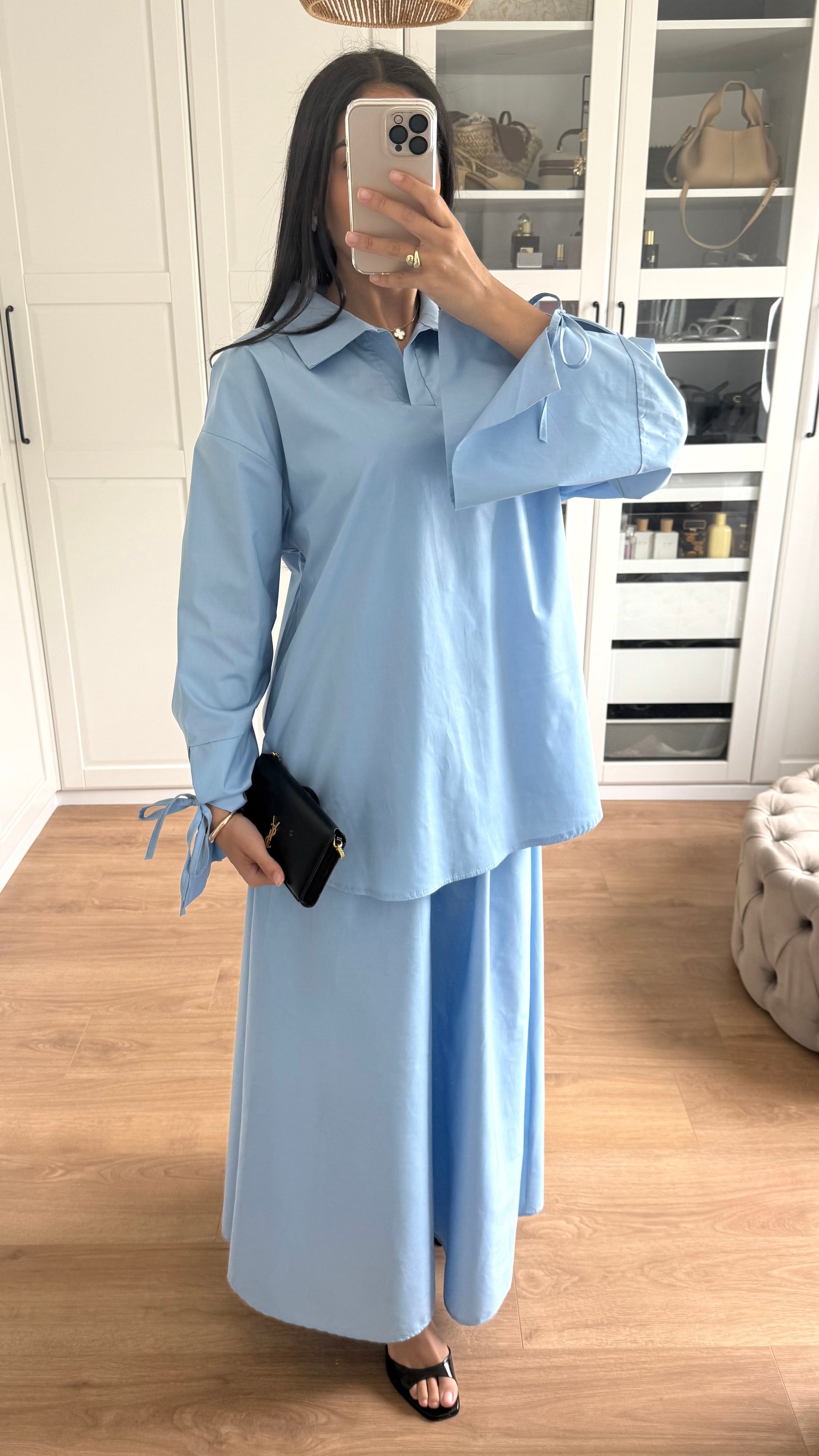 Ensemble Modeste Bleu – Chemise Noeud & Jupe Oversize SAÏRYS
