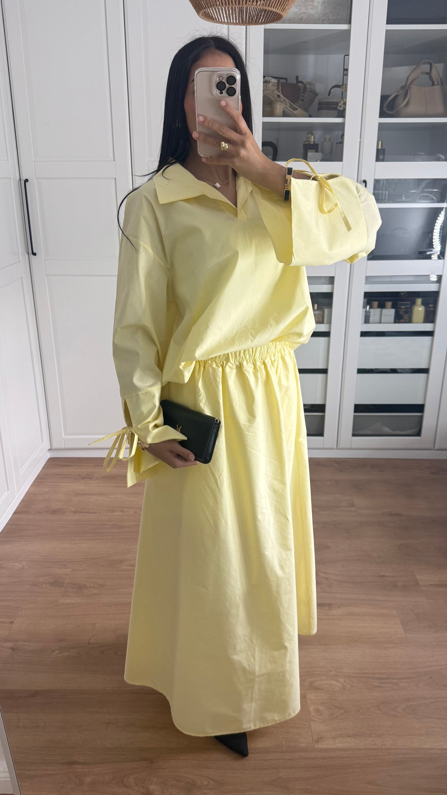Ensemble Modeste Jaune – Chemise Noeud & Jupe Oversize SAÏRYS