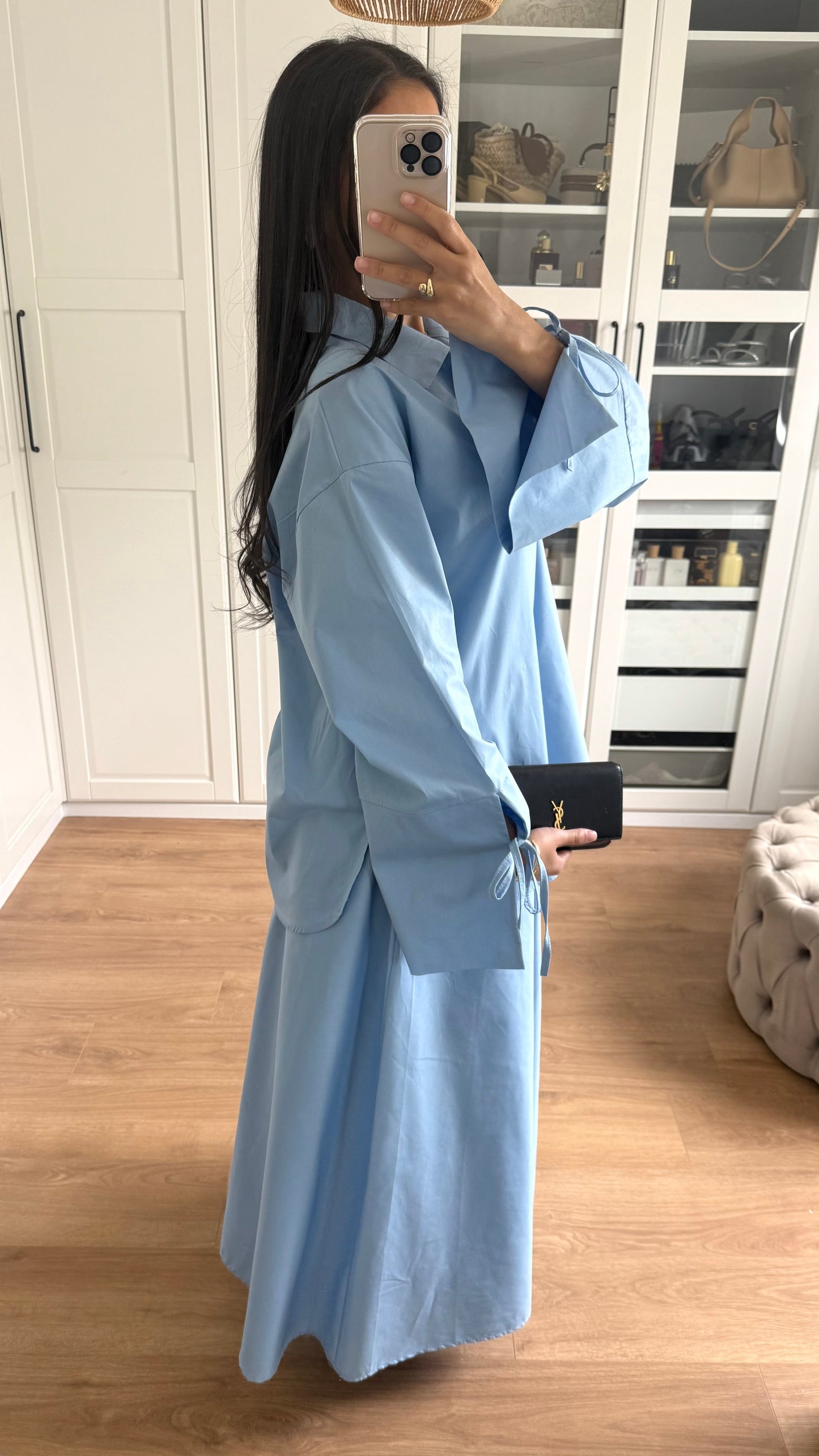 Ensemble Modeste Bleu – Chemise Noeud & Jupe Oversize SAÏRYS
