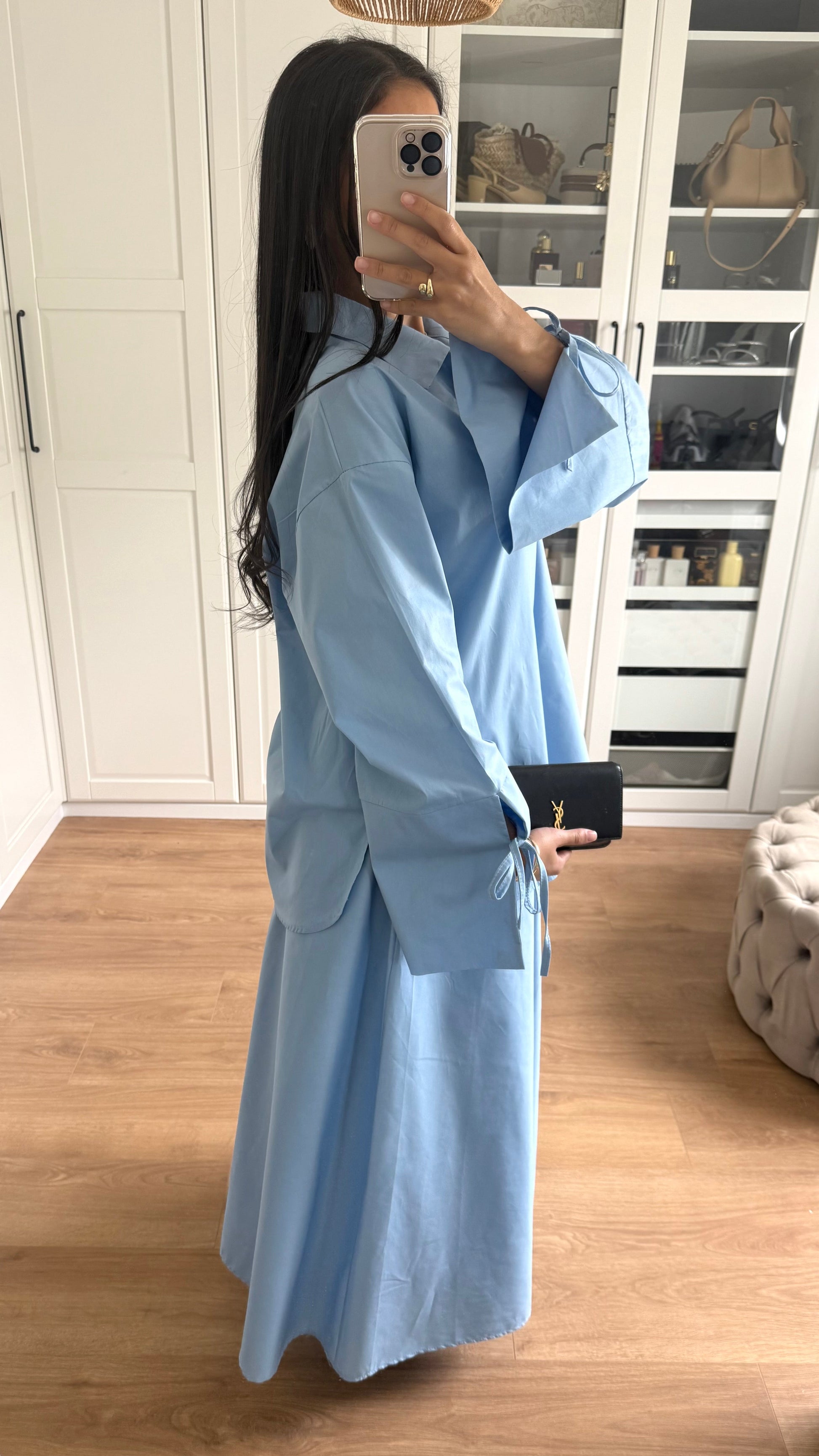 Ensemble Modeste Bleu – Chemise Noeud & Jupe Oversize SAÏRYS