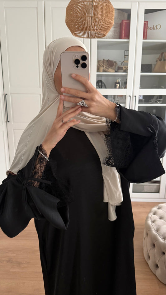 Abaya manches à nœud en dentelle noir SAÏRYS