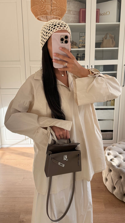 Ensemble Modeste Beige Crème– Chemise Noeud & Jupe Oversize