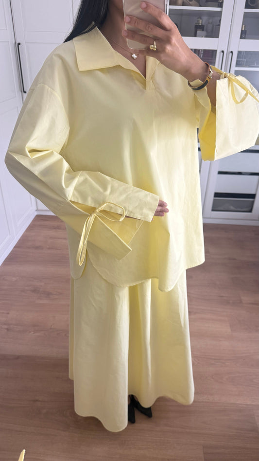 Ensemble Modeste Jaune – Chemise Noeud & Jupe Oversize SAÏRYS