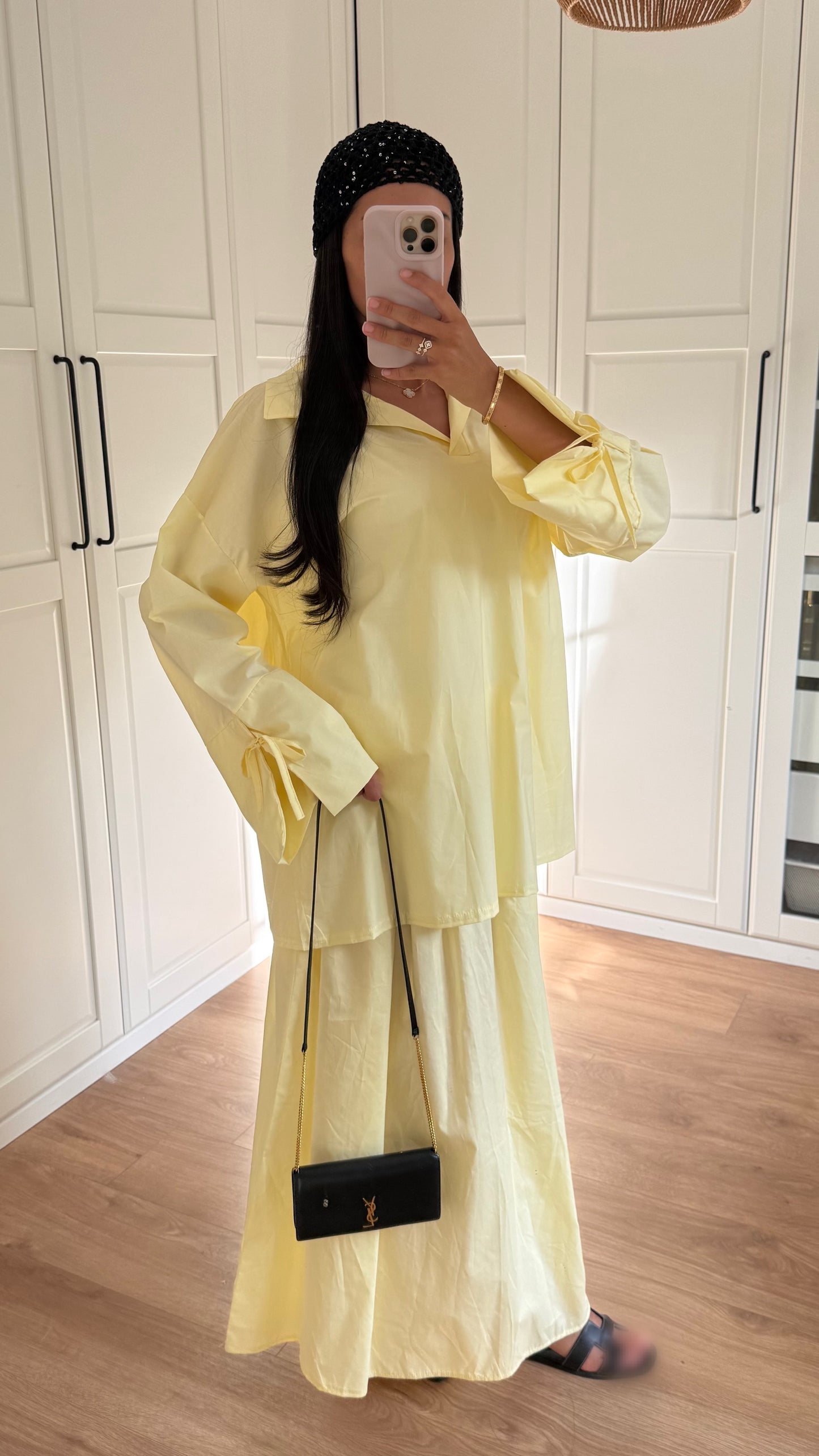 Ensemble Modeste Jaune – Chemise Noeud & Jupe Oversize