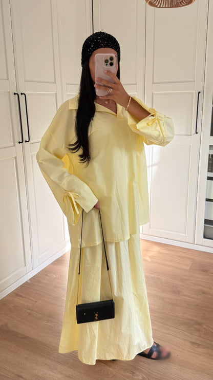 Ensemble Modeste Jaune – Chemise Noeud & Jupe Oversize