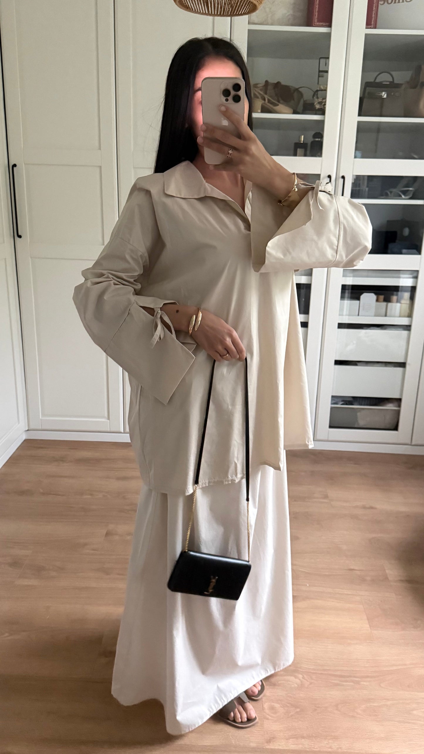 Ensemble Modeste Beige Crème– Chemise Noeud & Jupe Oversize SAÏRYS