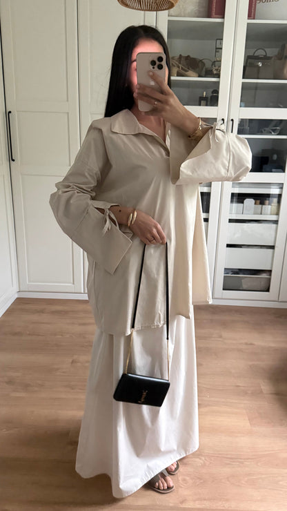 Ensemble Modeste Beige Crème– Chemise Noeud & Jupe Oversize SAÏRYS