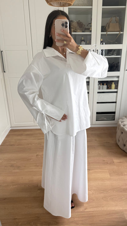 Ensemble Modeste Blanc – Chemise Noeud & Jupe Oversize
