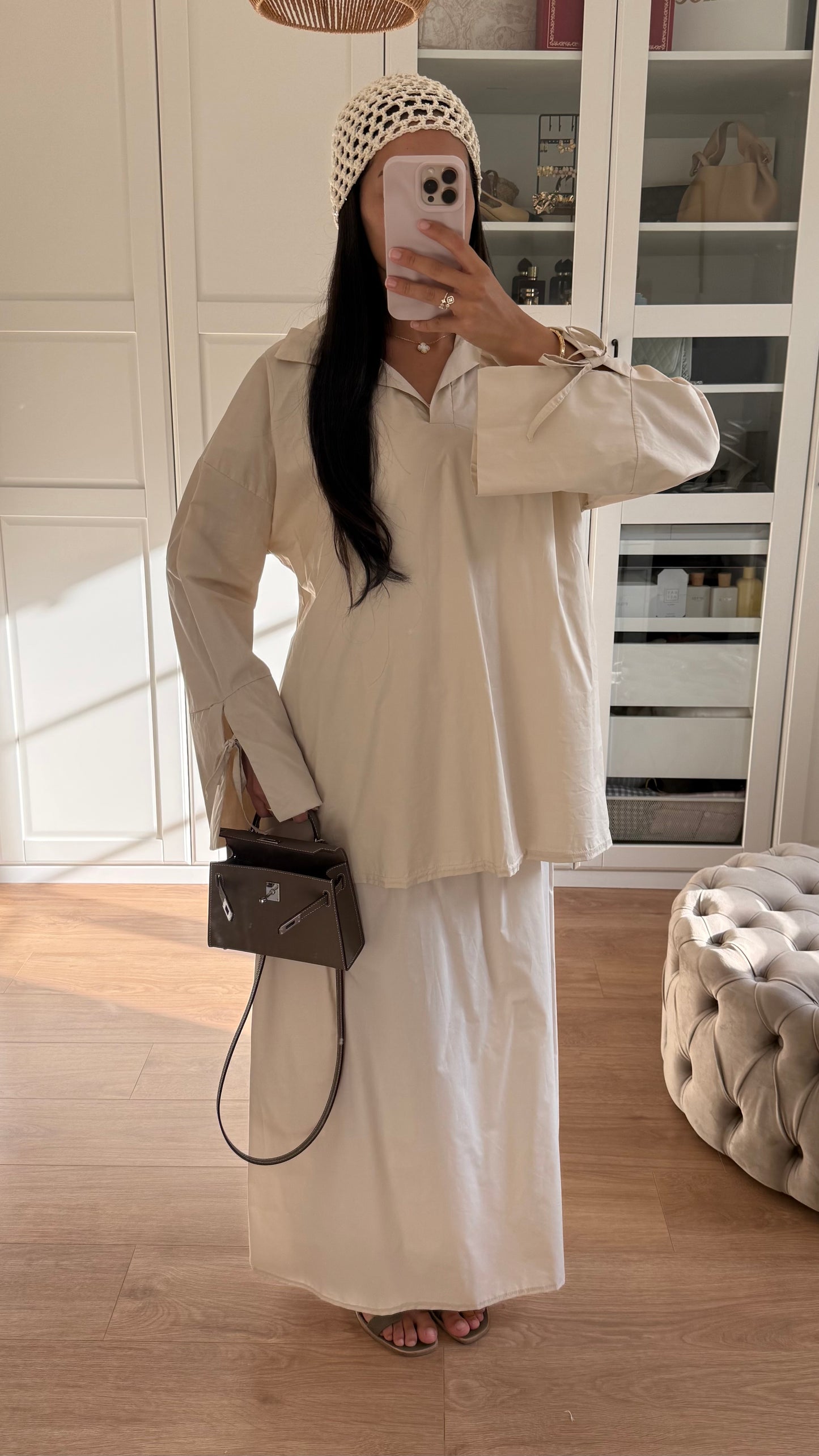 Ensemble Modeste Beige Crème– Chemise Noeud & Jupe Oversize
