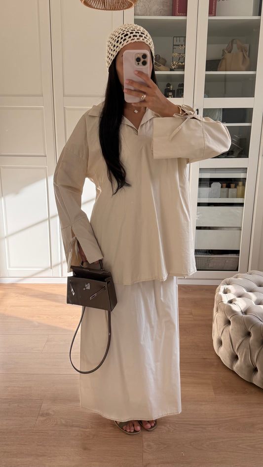 Ensemble Modeste Beige Crème– Chemise Noeud & Jupe Oversize