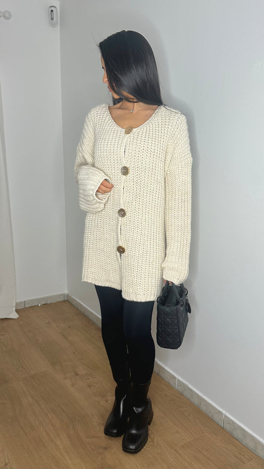 Pull/Gilet long en laine beige avec boutons dorés