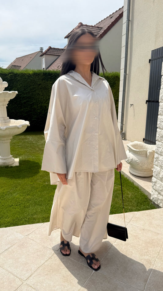 Ensemble Modest Oversize Crème – Chemise et Pantalon 100% Coton