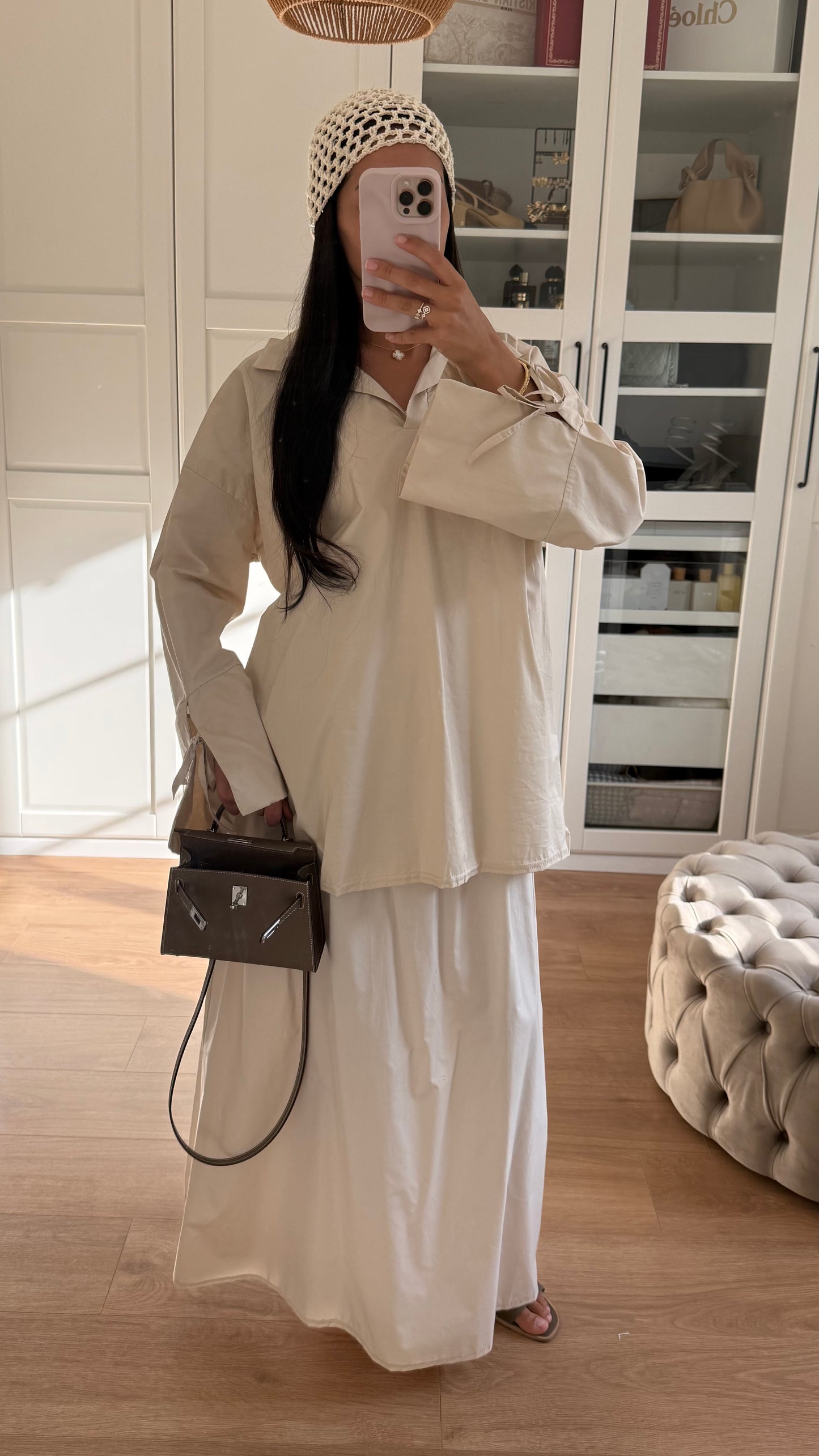 Ensemble Modeste Beige Crème– Chemise Noeud & Jupe Oversize