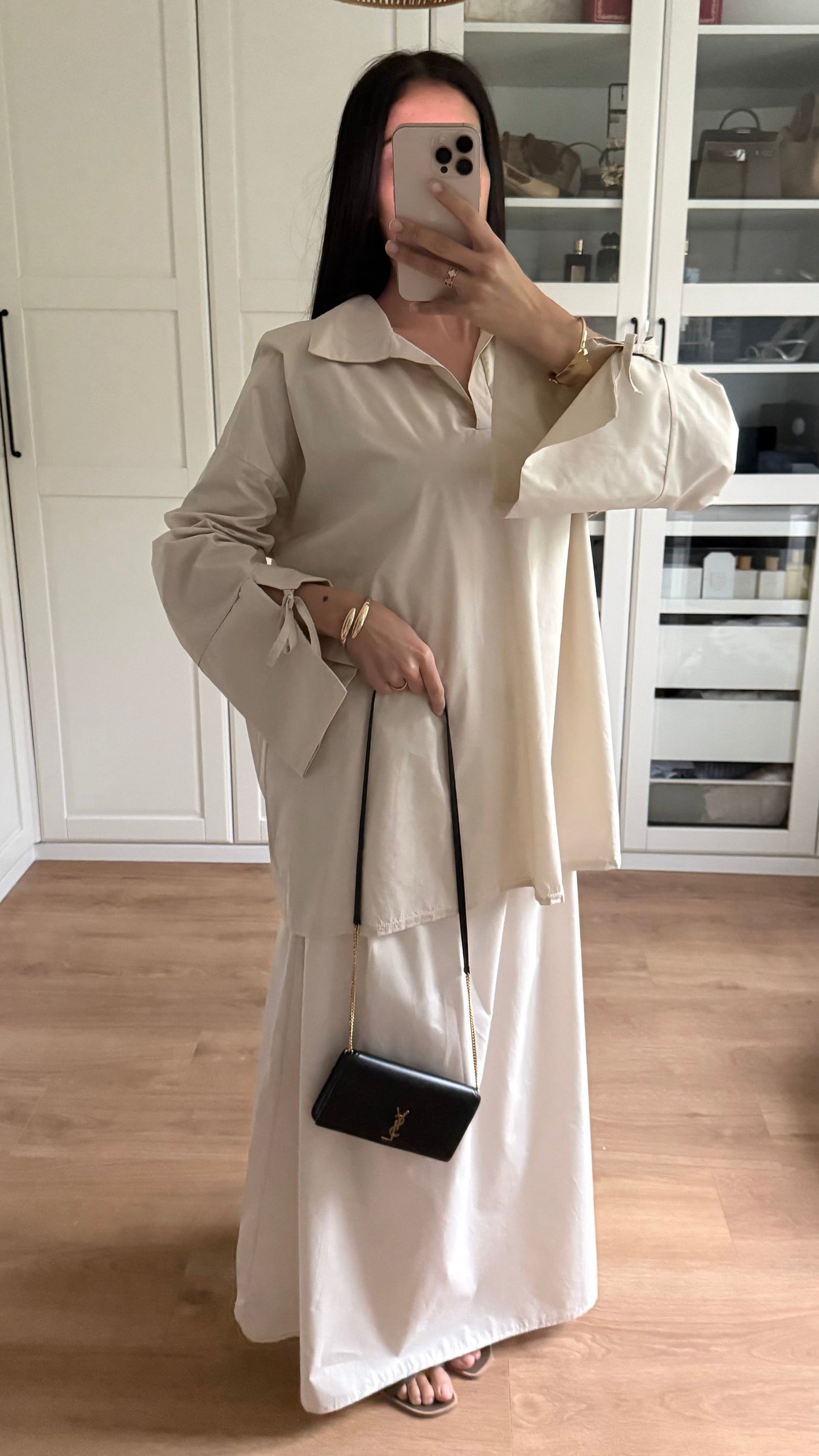 Ensemble Modeste Beige Crème– Chemise Noeud & Jupe Oversize SAÏRYS
