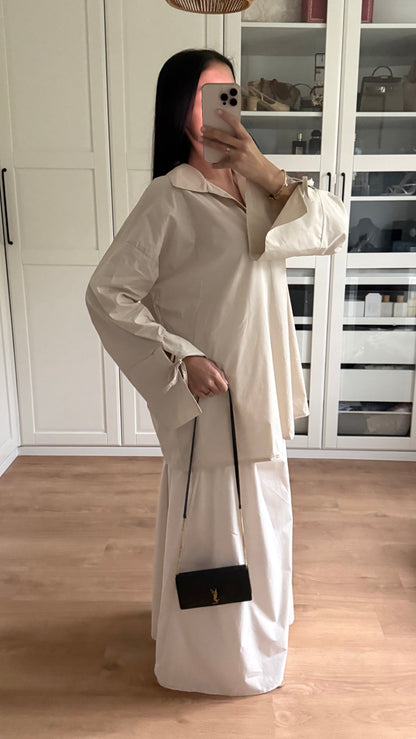 Ensemble Modeste Beige Crème– Chemise Noeud & Jupe Oversize SAÏRYS