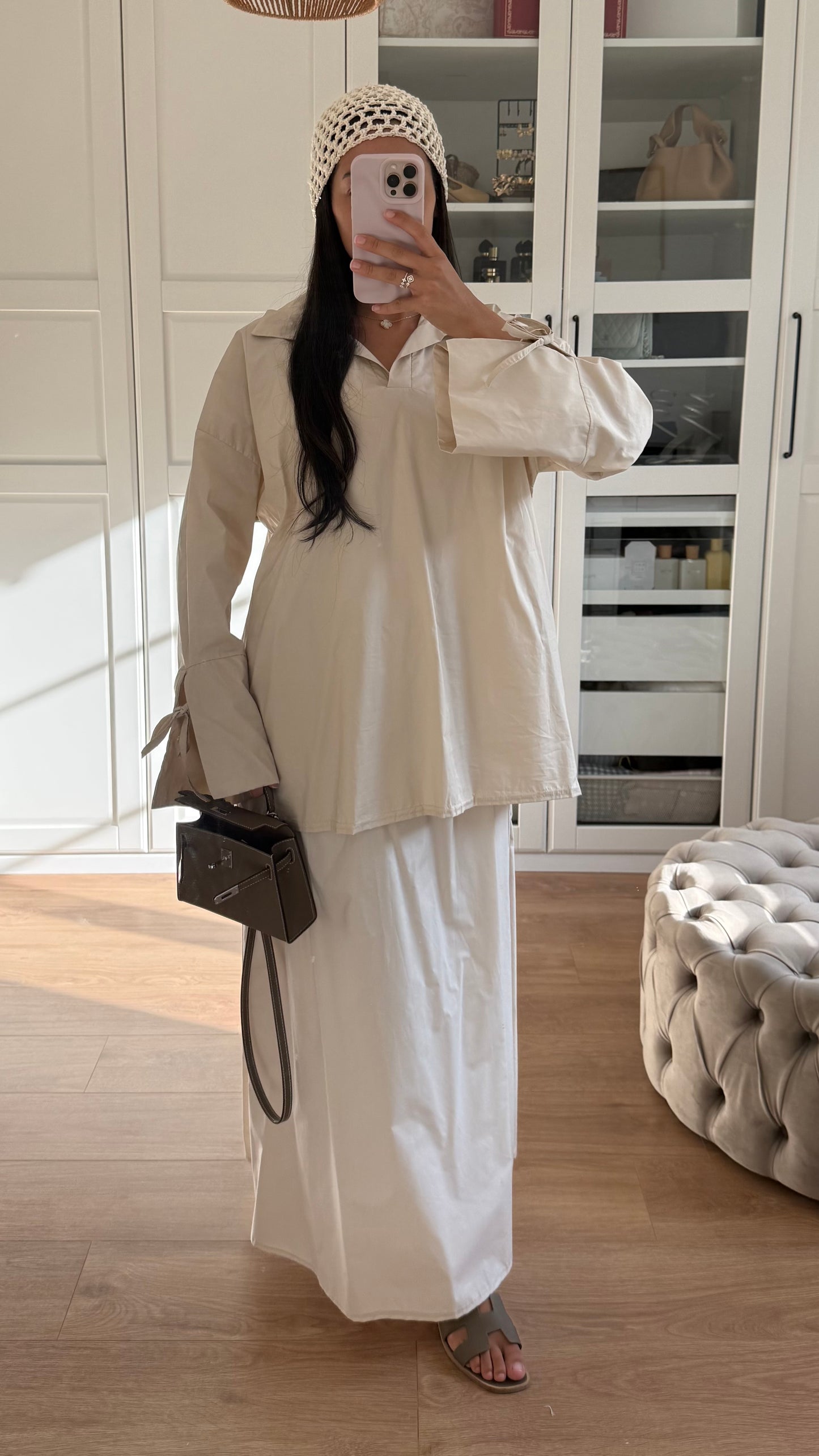 Ensemble Modeste Beige Crème– Chemise Noeud & Jupe Oversize