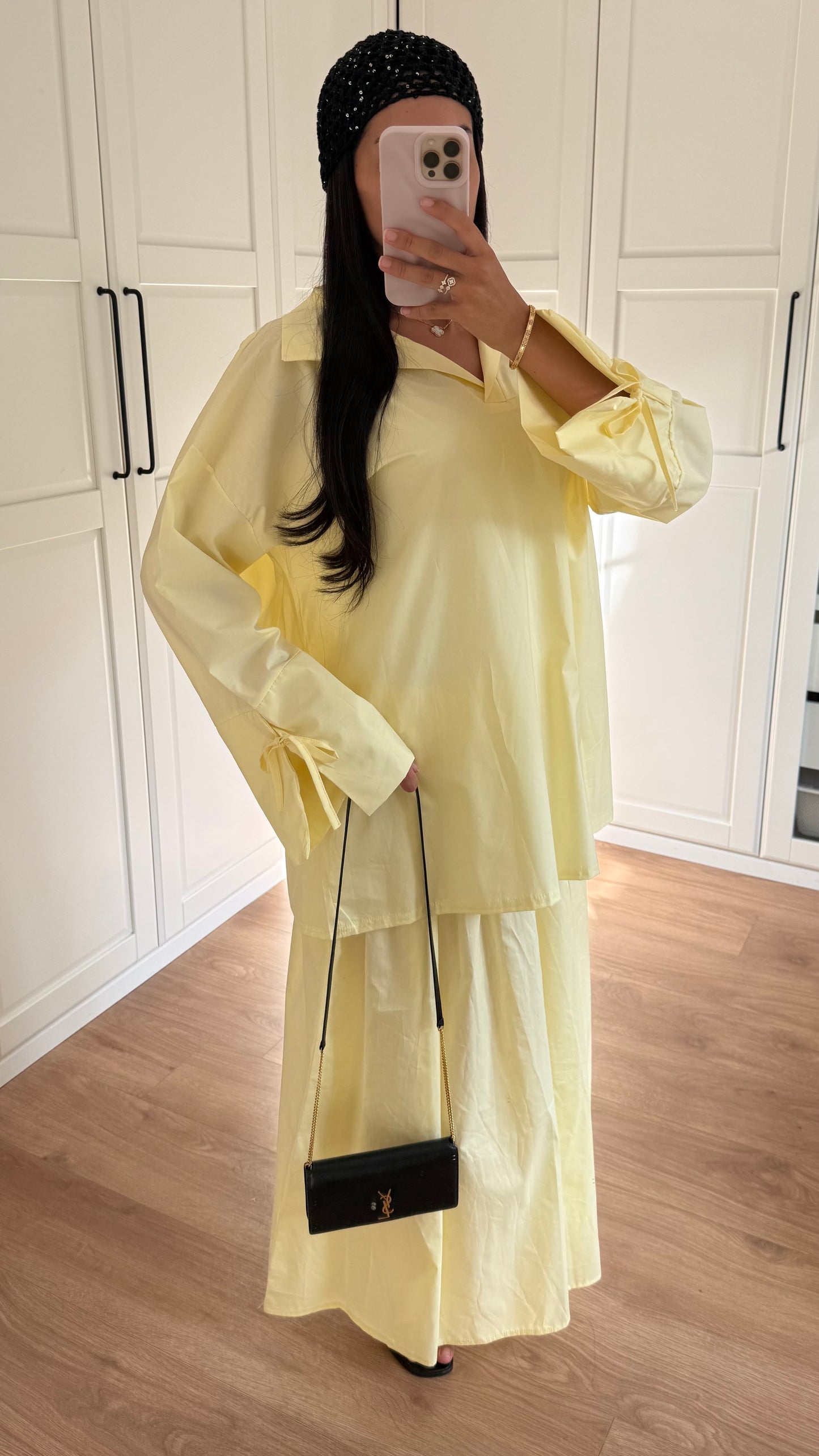 Ensemble Modeste Jaune – Chemise Noeud & Jupe Oversize