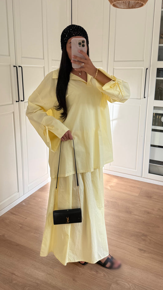 Ensemble Modeste Jaune – Chemise Noeud & Jupe Oversize