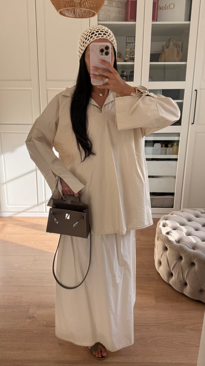 Ensemble Modeste Beige Crème– Chemise Noeud & Jupe Oversize