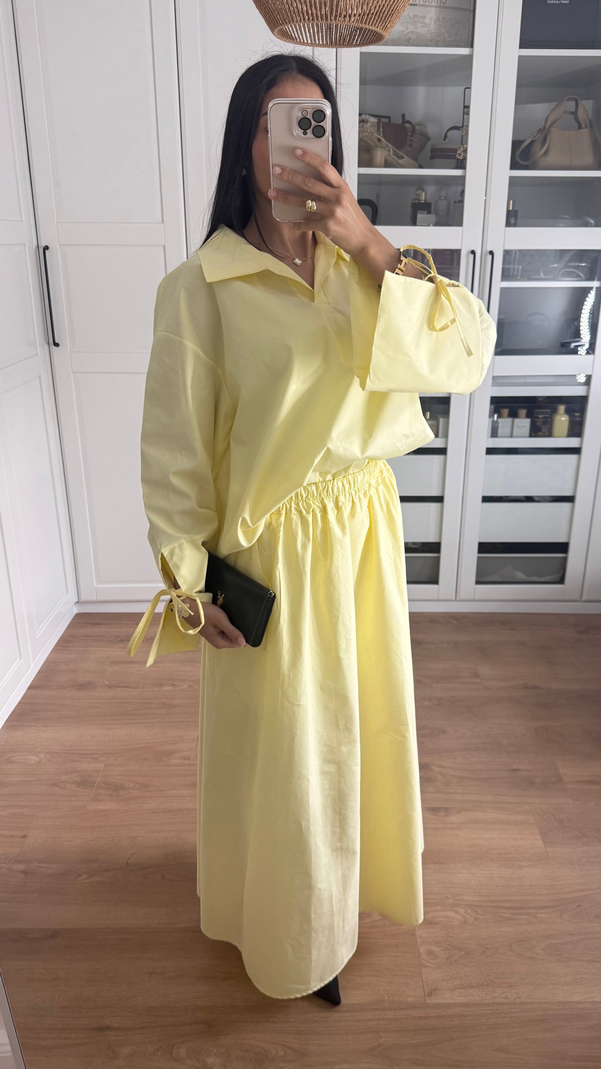Ensemble Modeste Jaune – Chemise Noeud & Jupe Oversize SAÏRYS