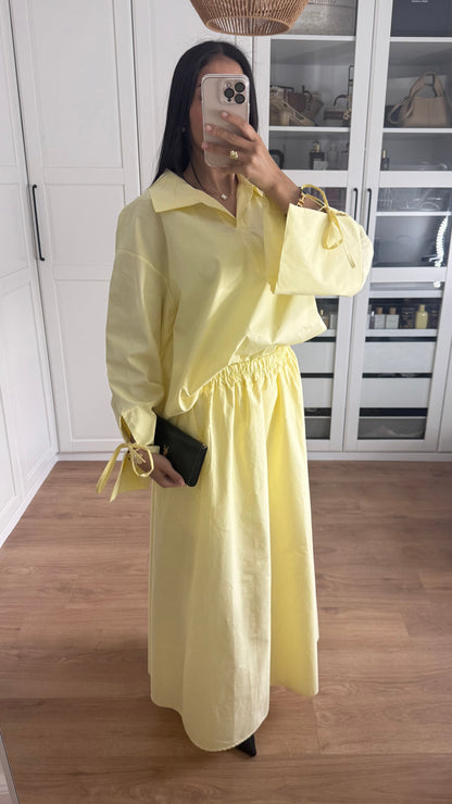 Ensemble Modeste Jaune – Chemise Noeud & Jupe Oversize SAÏRYS