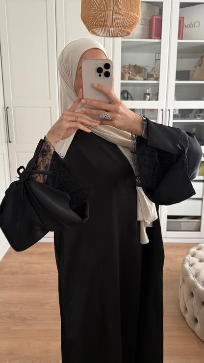 Abaya manches à nœud en dentelle noir SAÏRYS