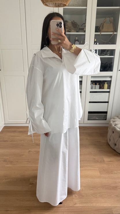 Ensemble Modeste Blanc – Chemise Noeud & Jupe Oversize