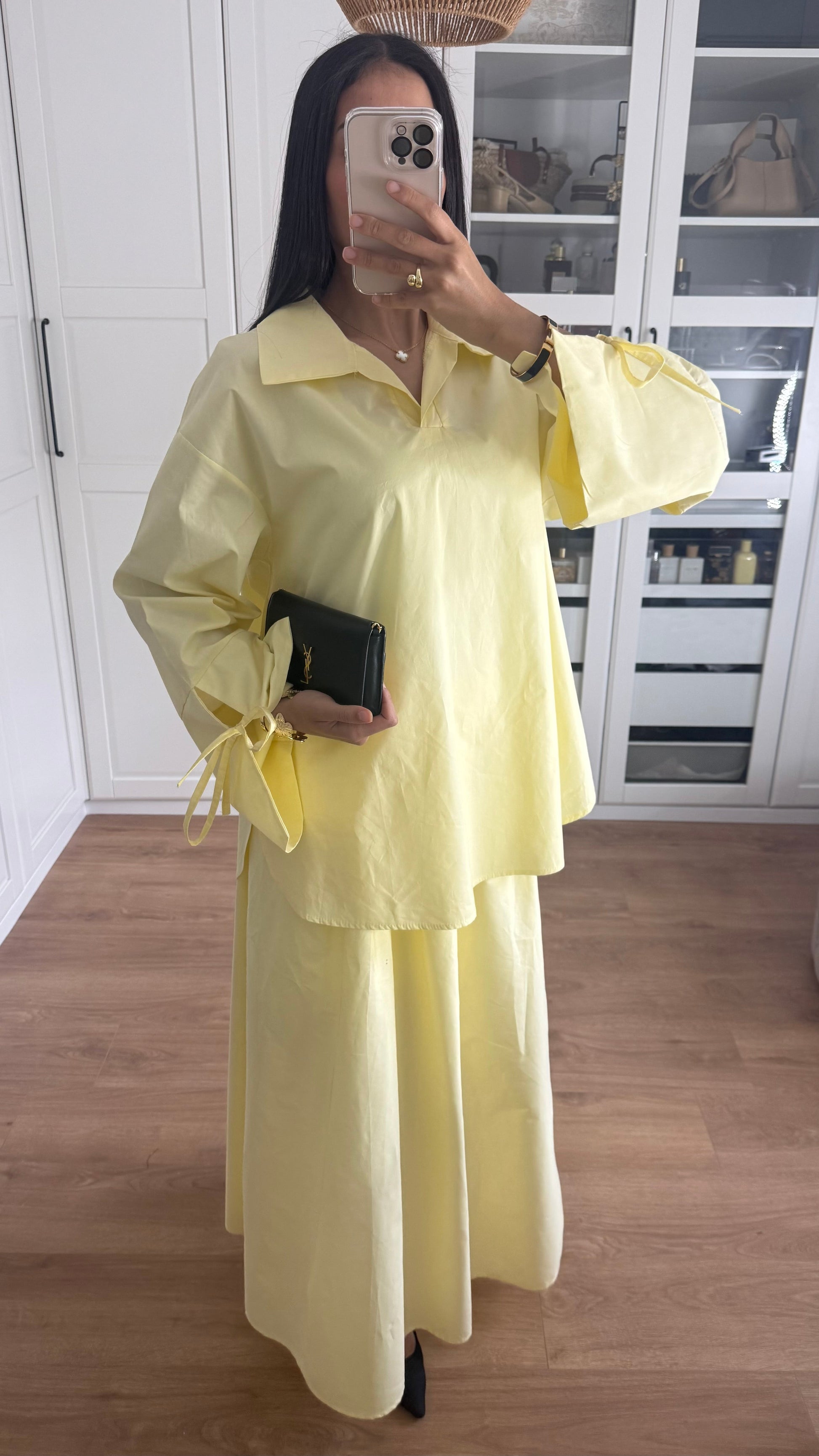 Ensemble Modeste Jaune – Chemise Noeud & Jupe Oversize SAÏRYS
