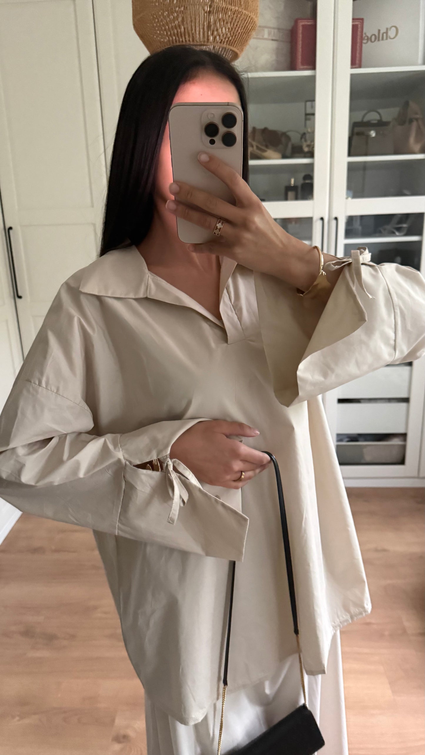 Ensemble Modeste Beige Crème– Chemise Noeud & Jupe Oversize SAÏRYS