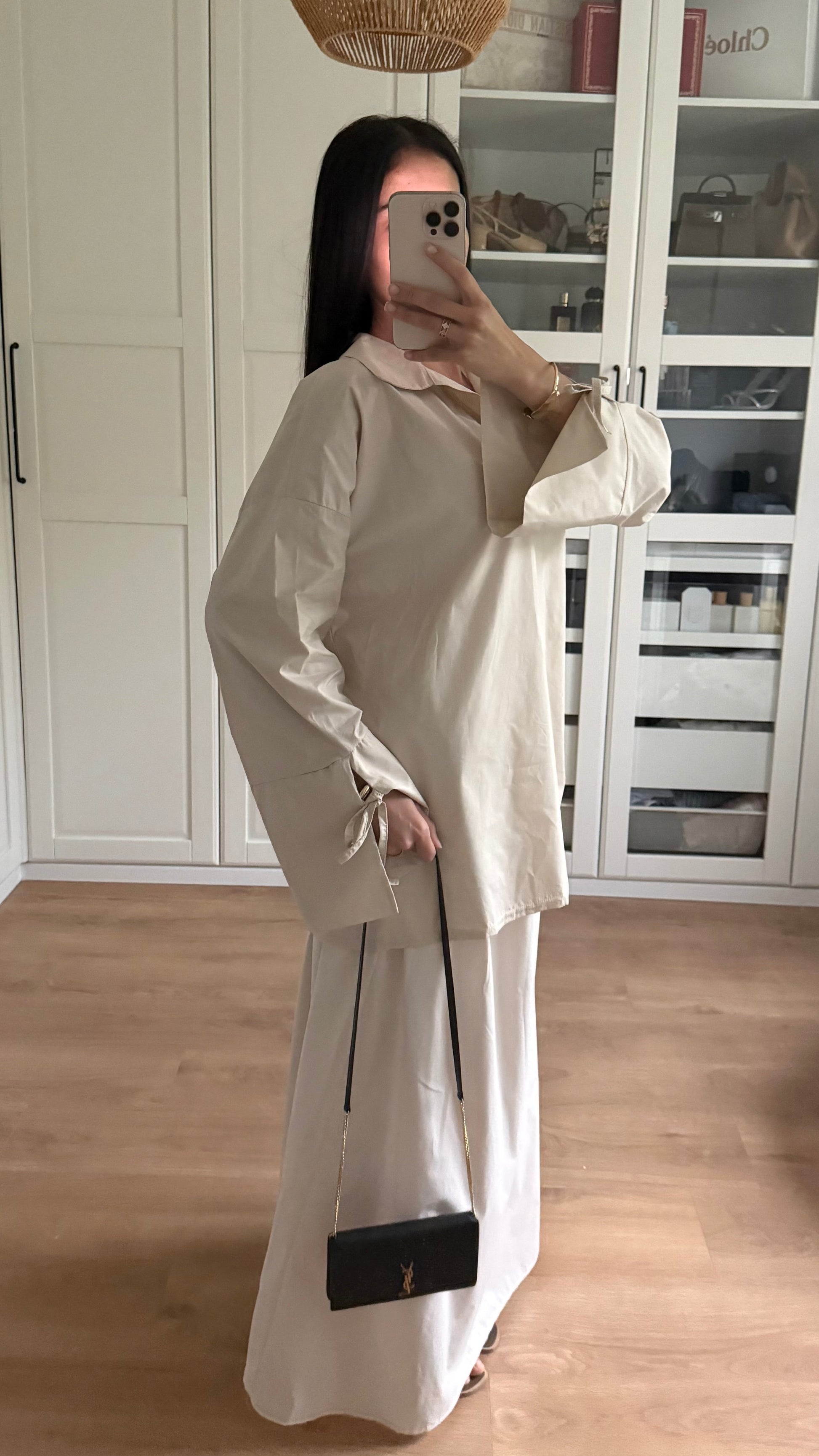 Ensemble Modeste Beige Crème– Chemise Noeud & Jupe Oversize SAÏRYS