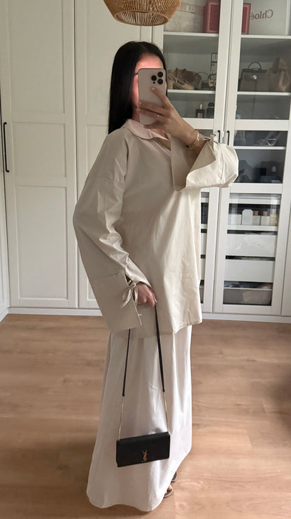 Ensemble Modeste Beige Crème– Chemise Noeud & Jupe Oversize SAÏRYS