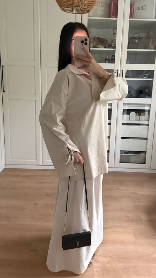 Ensemble Modeste Beige Crème– Chemise Noeud & Jupe Oversize SAÏRYS
