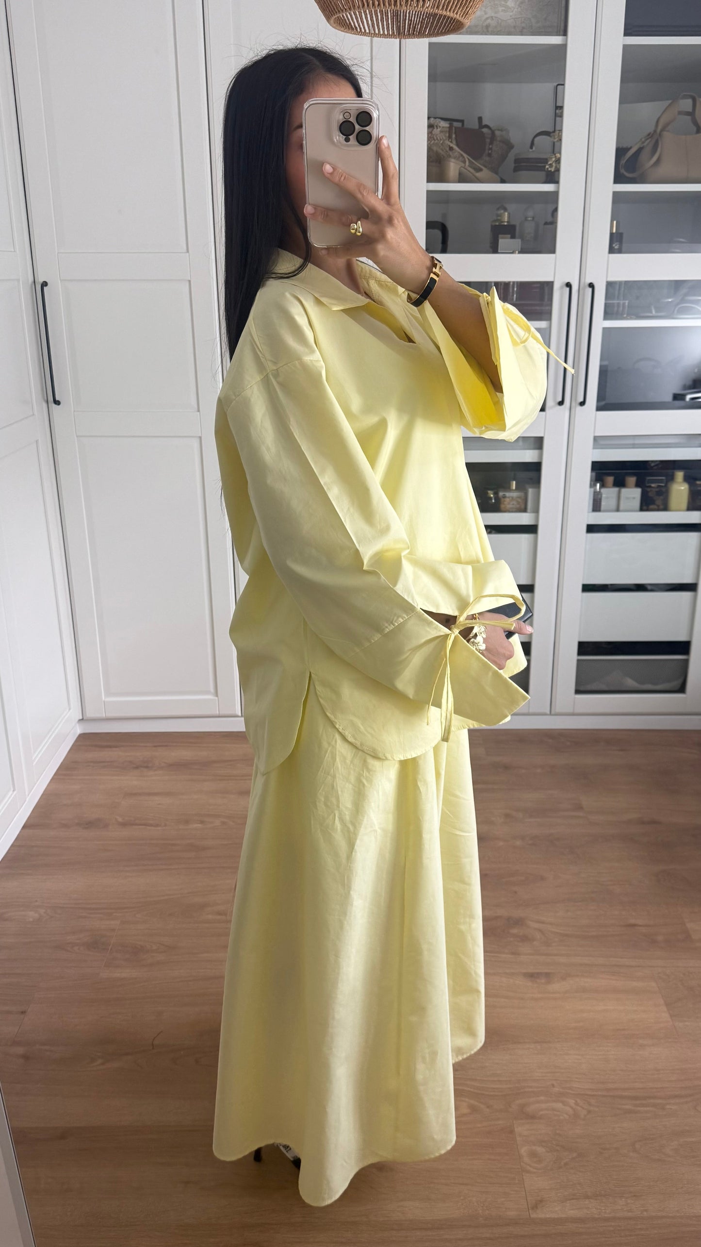 Ensemble Modeste Jaune – Chemise Noeud & Jupe Oversize SAÏRYS