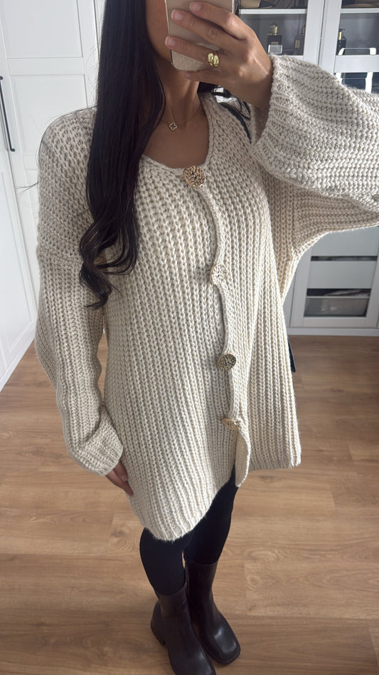 Pull/Gilet long en laine beige avec boutons dorés SAÏRYS