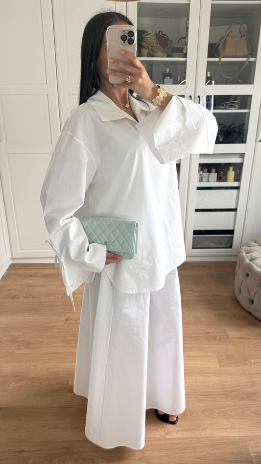 Ensemble Modeste Blanc – Chemise Noeud & Jupe Oversize